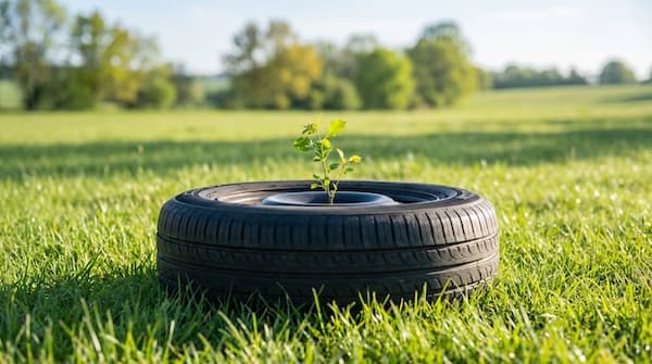 A young plant sprouting from inside an old tire — the circular life of a recycled tire